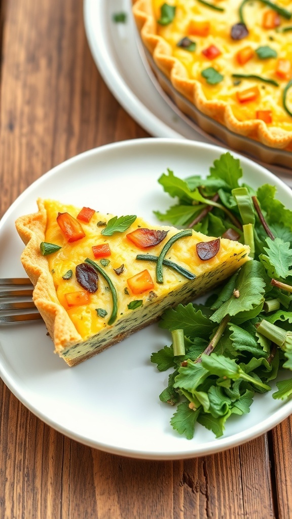 Vegan Zucchini Quiche Recipe A slice of vegan zucchini quiche with a golden crust and green filling, garnished with herbs, on a rustic table.